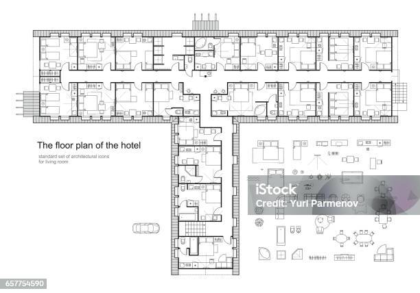 Plan Architectural Dun Hôtel Symboles De Mobilier Standard Définie Vecteurs libres de droits et plus d'images vectorielles de Plan au sol