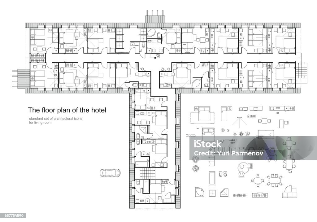 Architectural plan of a hotel. Standard furniture symbols set. Standard hotel furniture symbols set used in architecture plans, hotel planning icon set, graphic design elements. Small living room - top view plans. Vector isolated. Floor Plan stock vector