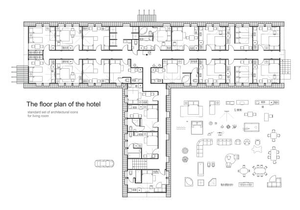 Architectural plan of a hotel. Standard furniture symbols set. Standard hotel furniture symbols set used in architecture plans, hotel planning icon set, graphic design elements. Small living room - top view plans. Vector isolated. floor plan blueprint stock illustrations