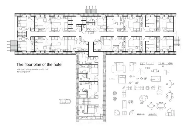 Vector illustration of Architectural plan of a hotel. Standard furniture symbols set.