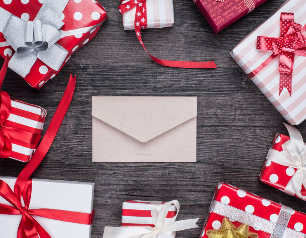 istock decorations and gift boxes on wooden board 657757864