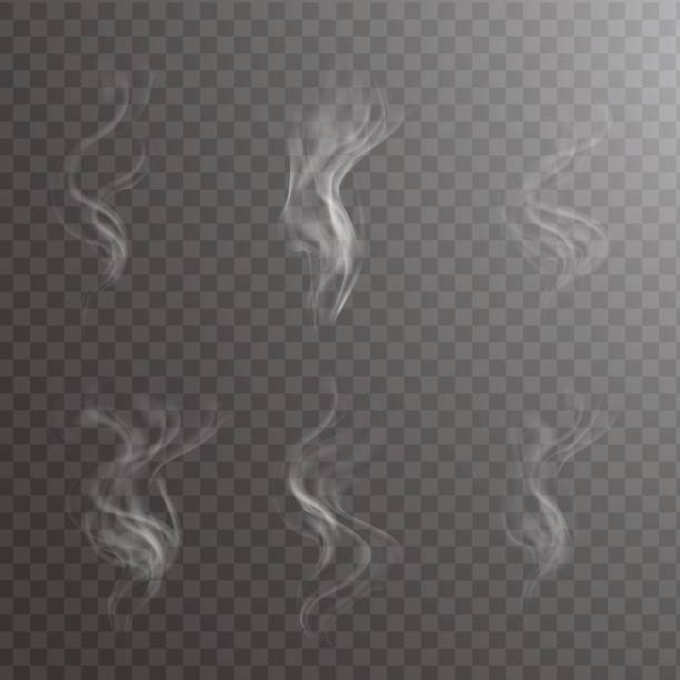 transparente weiße dampf tasse auf dunklem hintergrund-vektor-illustration. - rauch stock-grafiken, -clipart, -cartoons und -symbole