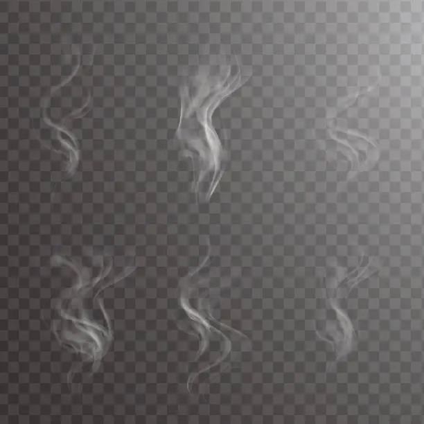 Vector illustration of Transparent white steam over cup on dark background background vector illustration.