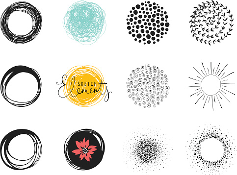 Set of sketch circle elements. Use for posters, art prints, greeting and business cards, banners, icons, labels, badges and other graphic designs.