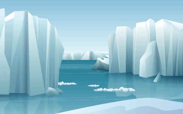 kreskówka realistyczna natura zimowy arktyczny krajobraz lodowy z górami lodowymi i śnieżnymi górami - iceberg ice mountain arctic stock illustrations