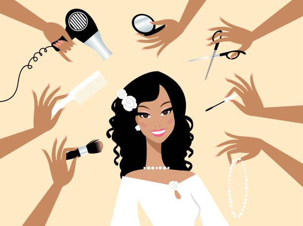 illustrations, cliparts, dessins animés et icônes de mariée heureuse peau foncée dans un salon de beauté - wedding black and white weddings rose