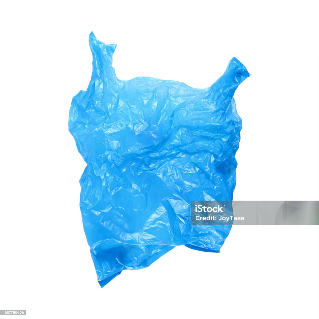 ouvert froissé bleu sachet isolé sur blanc - Photo de Sac en plastique libre de droits