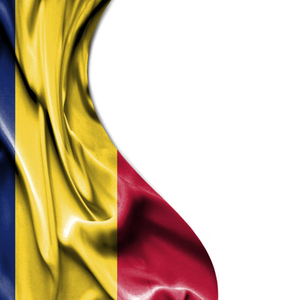 istock Romania waving satin flag isolated on white background 657791070