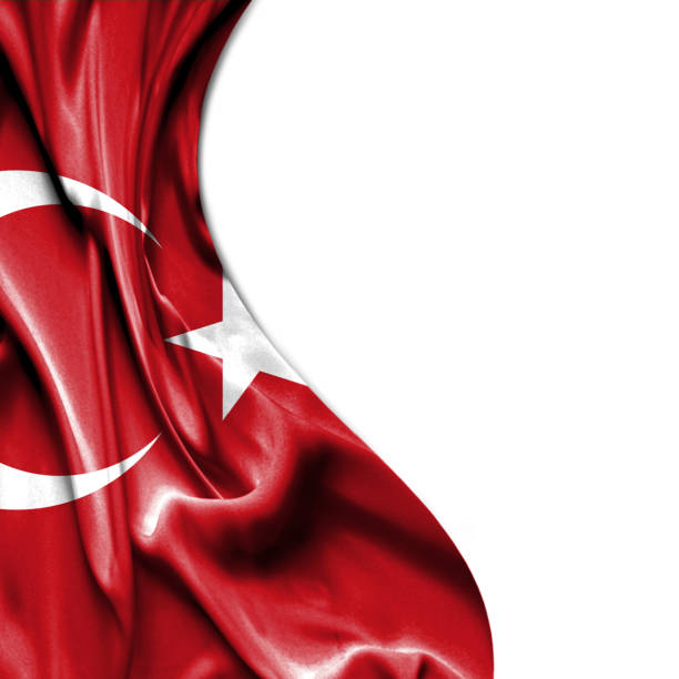 turquía ondeando bandera raso aislado sobre fondo blanco - bandera turca fotografías e imágenes de stock