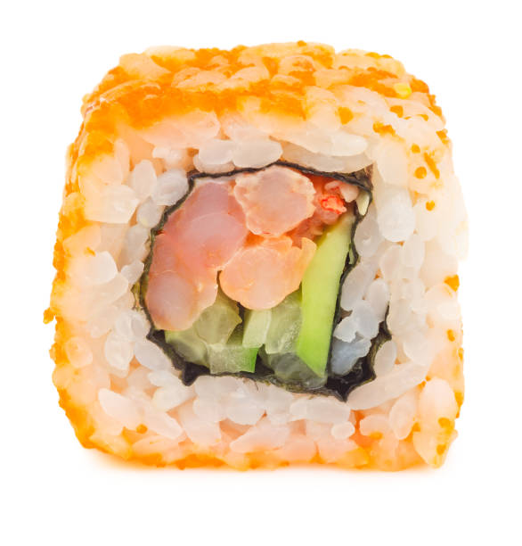 istock Sushi roll with shrimp isolated on white 657794480