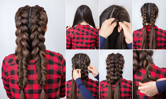 Hairstyle Two Braids Tutorial Stock Photo - Download Image Now - Braided  Hair, Fishtail Braid, Multiple Image - iStock