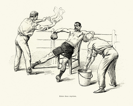 Vintage engraving of a contest between the english boxer Jerry Driscoll and the french Savate figher Charles Charlemont. Charlemont resting between rounds. L'Illustration, 1899