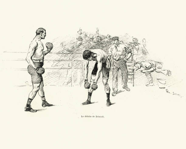 ilustrações de stock, clip art, desenhos animados e ícones de boxing vs savate, match between driscoll and charlemont 1899 - boxing glove sports glove retro revival old fashioned