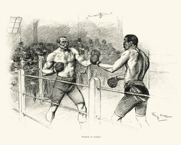 Boxing vs Savate, Match between Driscoll and Charlemont 1899 Vintage engraving of a contest between the english boxer Jerry Driscoll and the french Savate figher Charles Charlemont. L'Illustration, 1899 boxing illustrations stock illustrations