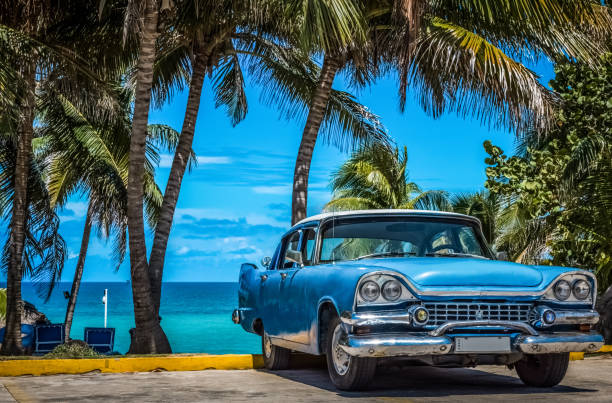 amerykański niebieski zabytkowy samochód zaparkowany pod palmami w varadero kuba - cuba cuban culture car collectors car zdjęcia i obrazy z banku zdjęć