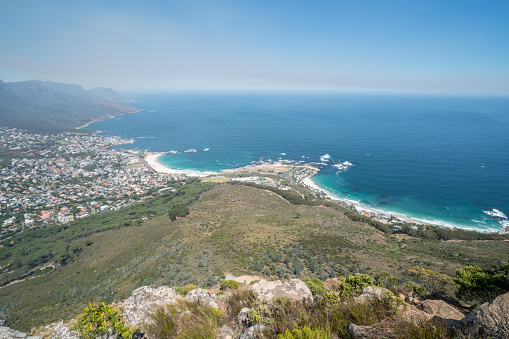 View of Cape Town coastline. Camps bay beach and view of the western Cape. South Africa.