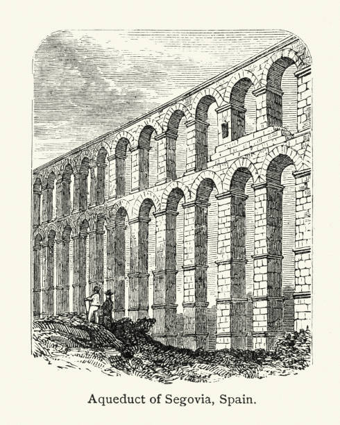 ilustraciones, imágenes clip art, dibujos animados e iconos de stock de antiguo acueducto romano de segovia, españa, siglo 19 - roman aqueduct