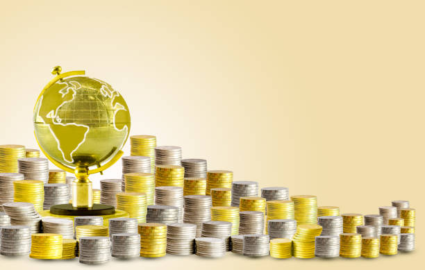istock Golden globe gold coins silver coins  stock  isolated  white background 657809694