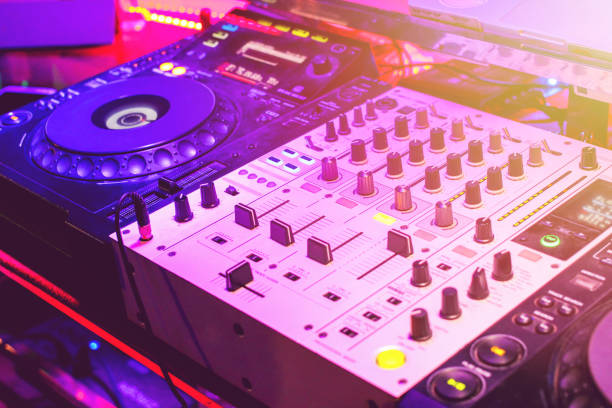 istock Turntablism turntables plate mixer night party pub wite light sunset  background. 657815906