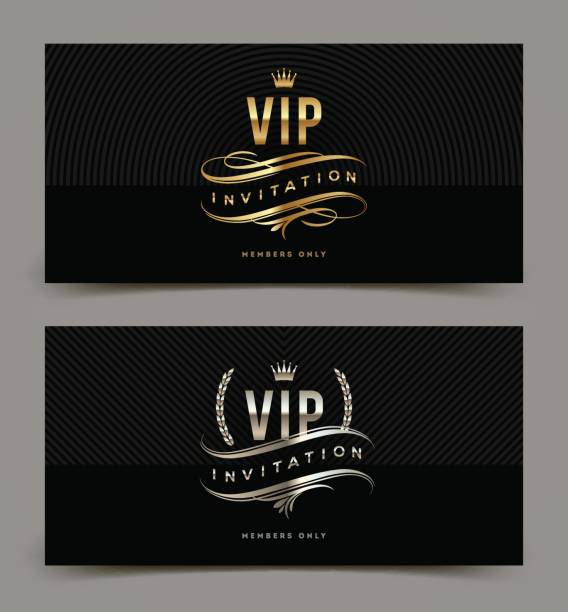 Golden and platinum VIP invitation template Golden and platinum VIP invitation template - type design with crown, laurel wreath and flourishes on a black pattern background. Vector illustration. upper class stock illustrations