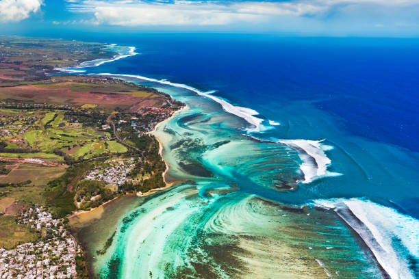 Aerial view of the underwater channel. Mauritius stock photo