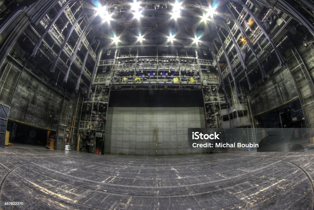 Stage in the abandoned theatre Stage in the abandoned theatre - iron curtain Stage Theater Stock Photo