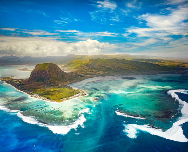 Aerial view of the underwater waterfall. Mauritius stock photo