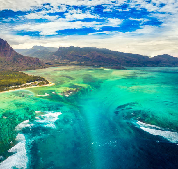 Aerial view of the underwater waterfall. Mauritius stock photo