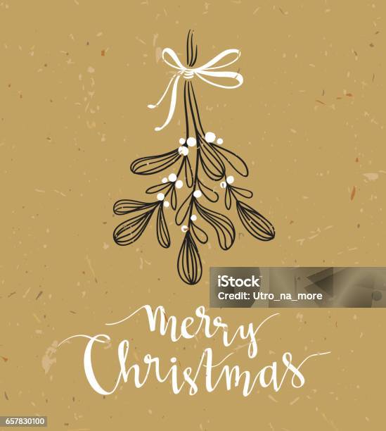 Christmas Sprig Of Mistletoe With Holiday Lettering Vector Illustration Stock Illustration - Download Image Now