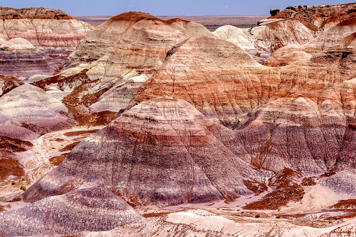 View of mountains with colorful striations in desert southwestern US