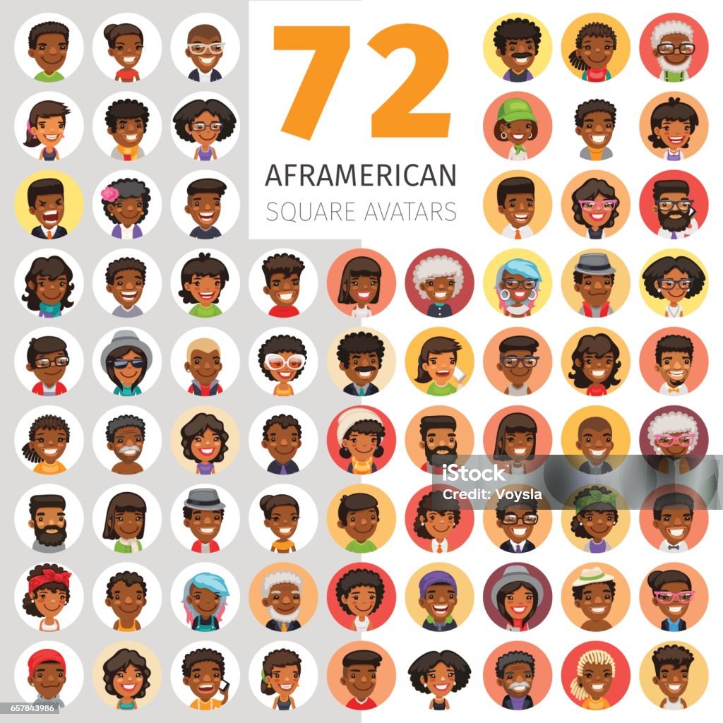 Flat African American Round Avatars Big set of 72 flat african american round avatars. Cartoon people. Clipping paths included. Avatar stock vector