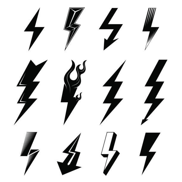 Icon set of lightnings in black-and-white colors vector art illustration