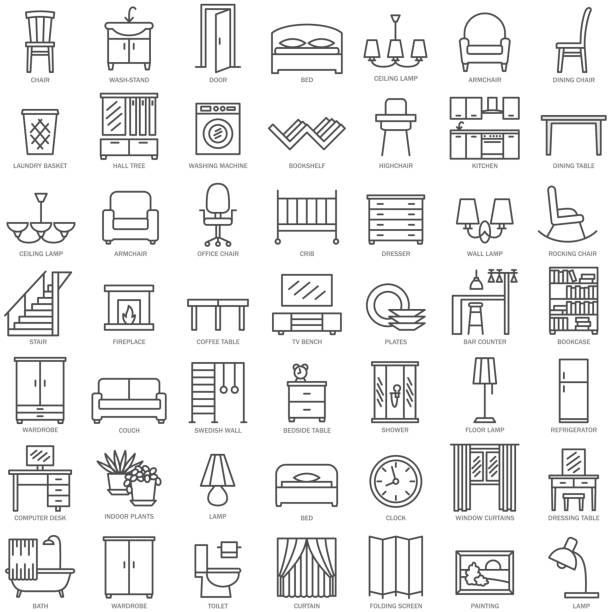 ilustraciones, imágenes clip art, dibujos animados e iconos de stock de iconos lineales muebles - decoración artículos domésticos ilustraciones