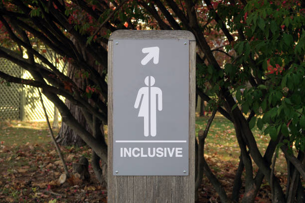 istock Gender neutral restroom sign that says, INCLUSIVE 657854662