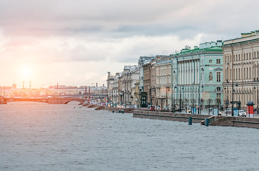 View of Saint Petersburg dawn and flood on the Neva River.