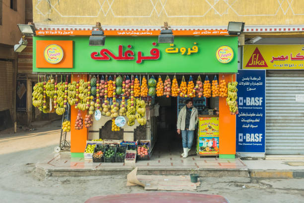 Man standing in front of a fruit store at Cairo, Egypt. The fruit is displaying in a very tidy, color and neat way .