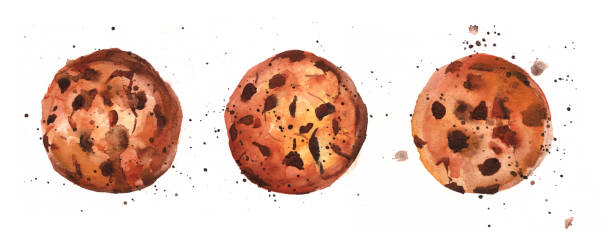 Watercolour chocolate chips cookies with splashes of paint A watercolour drawing of chocolate chips cookies with splashes of paint around it, hand drawn on a white background, with a place for text chocolate chip cookie drawing stock illustrations