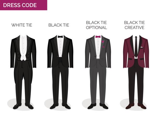 Formal dress code guide for men Formal dress code guide information chart for men. Suitable outfits for formal events for men. Tuxedo jacket, bowtie, patent oxford shoes and other elements. tuxedo stock illustrations