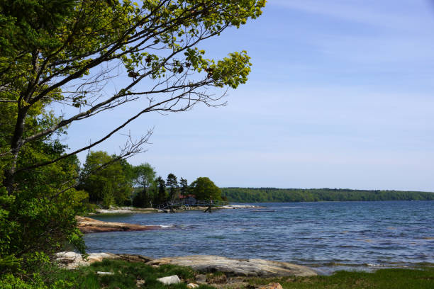 istock Rocky coast with pier on Littlejohn Island 657885582