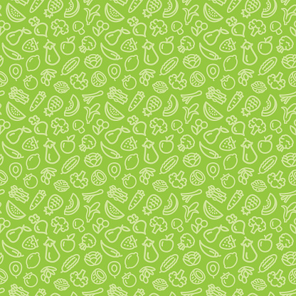 Vegetables and fruits seamless pattern background illustration outline icons on green