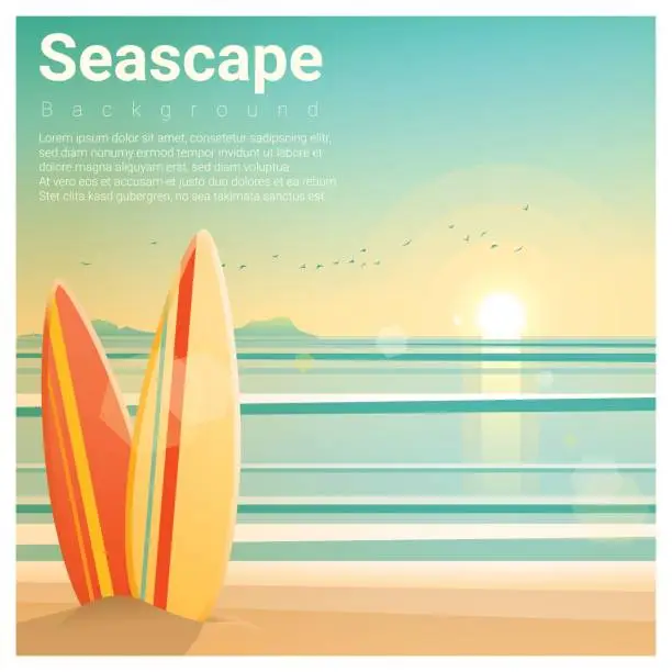 Vector illustration of Seascape background with surfboards on the beach , vector , illustration