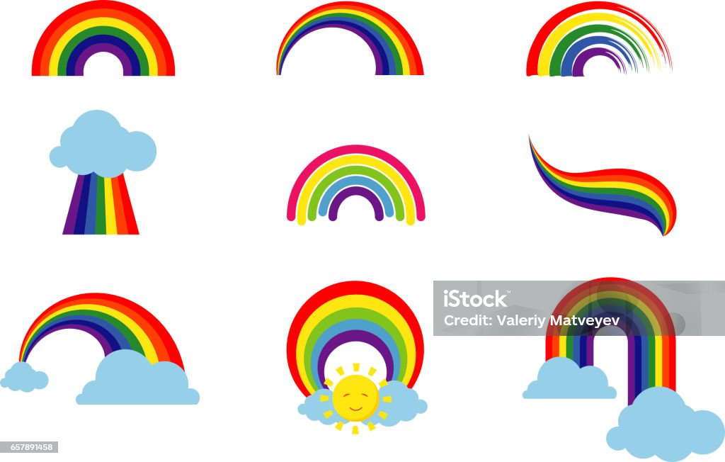 Rainbow set isolierten auf weißen Hintergrund. Bunte Streifen Lichtquellen Bogen-Icons Vektor-illustration - Lizenzfrei Regenbogen Vektorgrafik