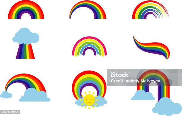 Rainbow Set Isolierten Auf Weißen Hintergrund Bunte Streifen Lichtquellen Bogenicons Vektorillustration Stock Vektor Art und mehr Bilder von Regenbogen