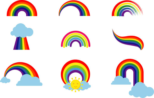 Rainbow set isolated on white background. Multicolored stripes light arch icons vector illustration Rainbow set isolated on white background. Multicolored stripes light arch icons vector illustration. Colorful ribbon collection, bright curve natural phenomenon rainbow icons stock illustrations