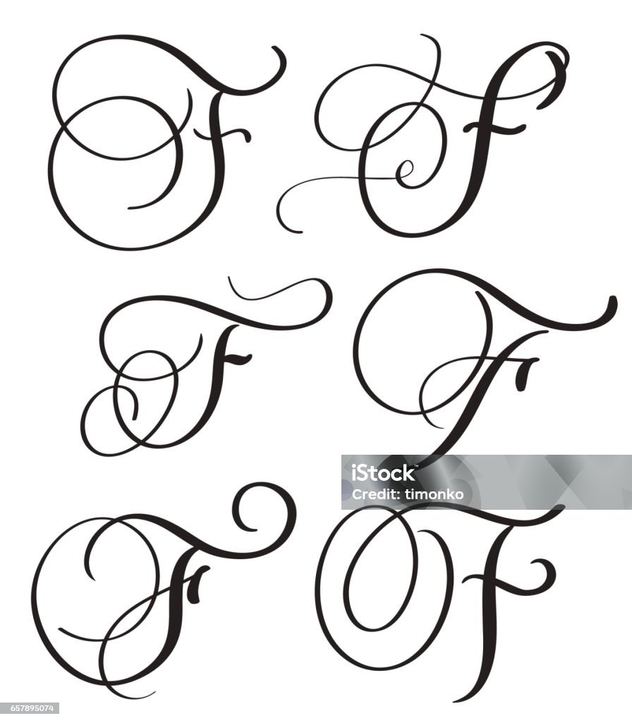 conjunto de letra de caligrafia arte F com um floreio de verticilos decorativos vintage. Ilustração vetorial EPS10 - Vetor de Arte royalty-free