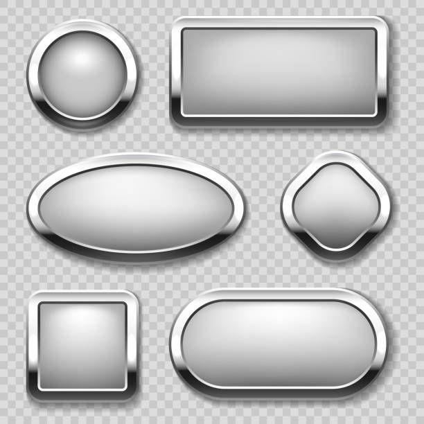 illustrations, cliparts, dessins animés et icônes de collection de boutons rond chromé sur fond transparent. boutons en métal vector - ellipse chrome banner sign