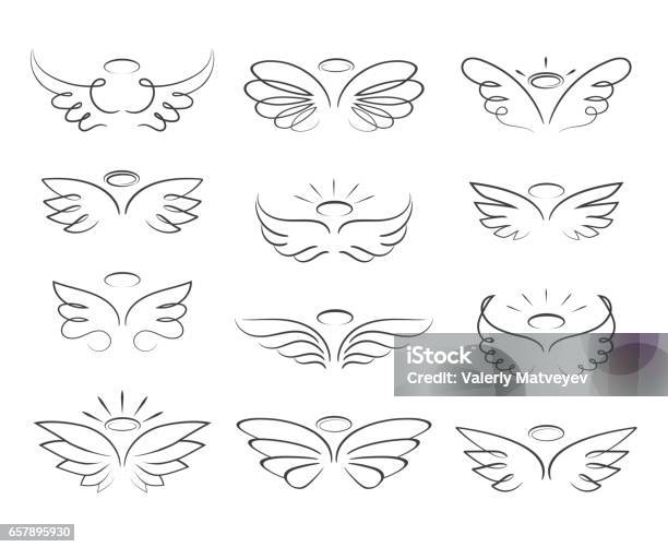 Vector Sketch Angel Wings In Cartoon Style Isolated On White Background Stock Illustration - Download Image Now