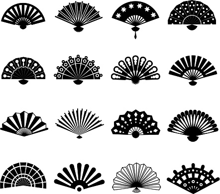 Hand paper fan vector icons. Chinese or japanese beautiful fans isolated. Monochrome japanese souvenir fans illustration