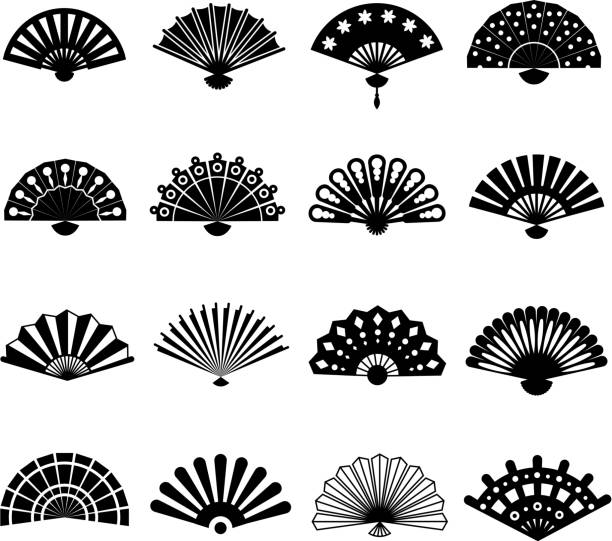 Hand paper fan vector icons. Chinese or japanese beautiful fans isolated on white background Hand paper fan vector icons. Chinese or japanese beautiful fans isolated. Monochrome japanese souvenir fans illustration hand fan stock illustrations