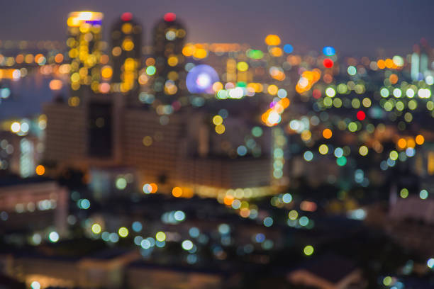 istock Night blurred bokeh city light aerial view 657901476